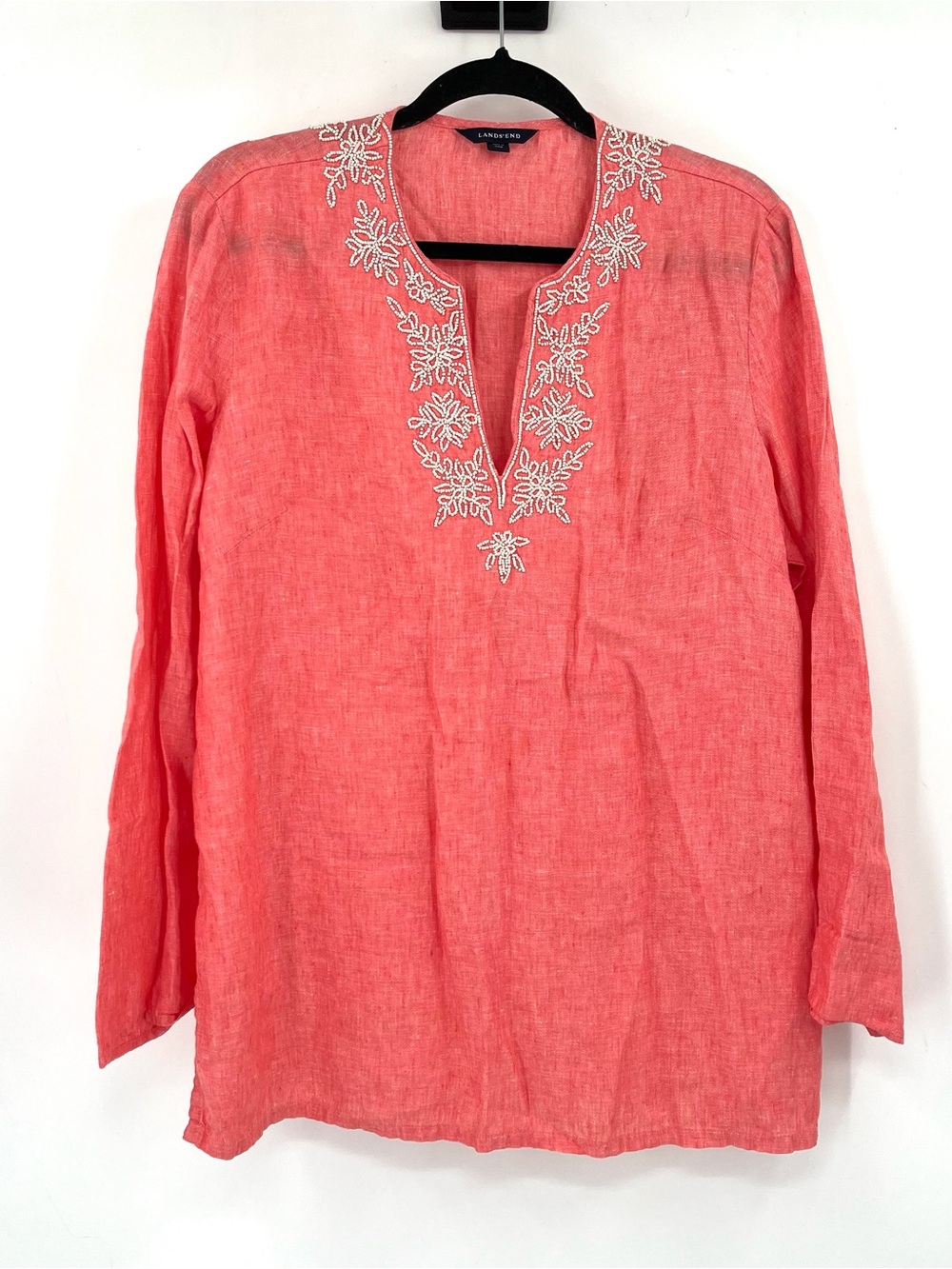 LAND'S END 100% Linen Tunic Coral Beaded Summer Coastal V Neck Blouse Old MoneyL